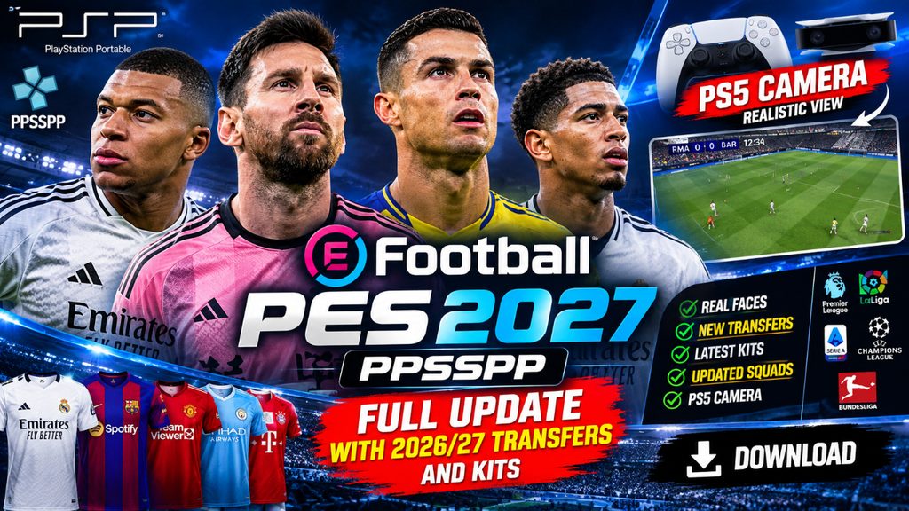 Untitled-Project-67-1024x576 eFootball PES 2027 PPSSPP: Full update with 2026/27 transfers and kits, realistic faces, PS5 camera Download